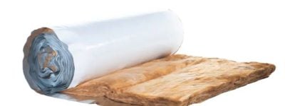 A roll of insulation material partially unwrapped on a white background.