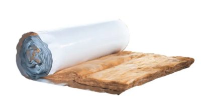A roll of insulation material partially unwrapped on a white background.